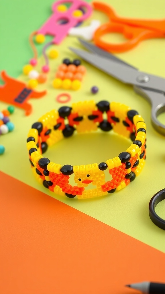 A vibrant duck kandi cuff bracelet made of colorful beads on a crafting table.